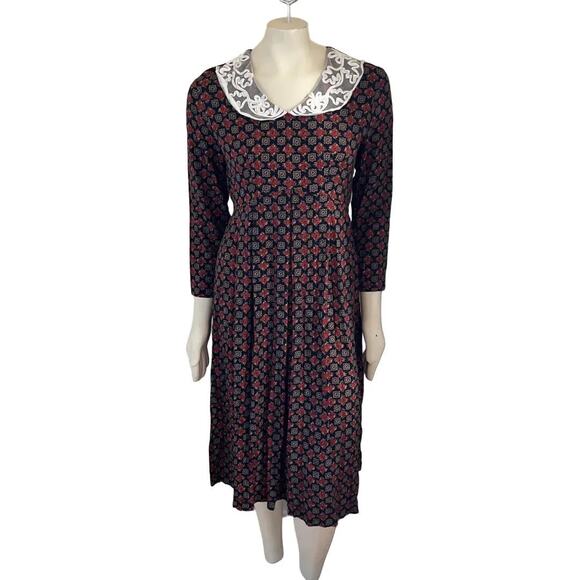 VTG 80s EXPO Lace Collar Moody Floral Long Sleeve Tie Back Midi Dress SZ 6P - Picture 1 of 10